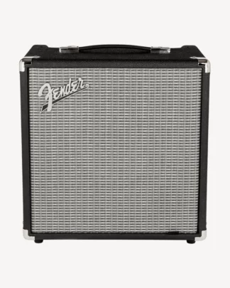Fender rumble 25 basforstærker vist forfra så kabinet med håndtag er synlig