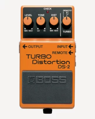 Boss DS-2 distortion vist fra oven så fodkontakt og kontroller er synlige.